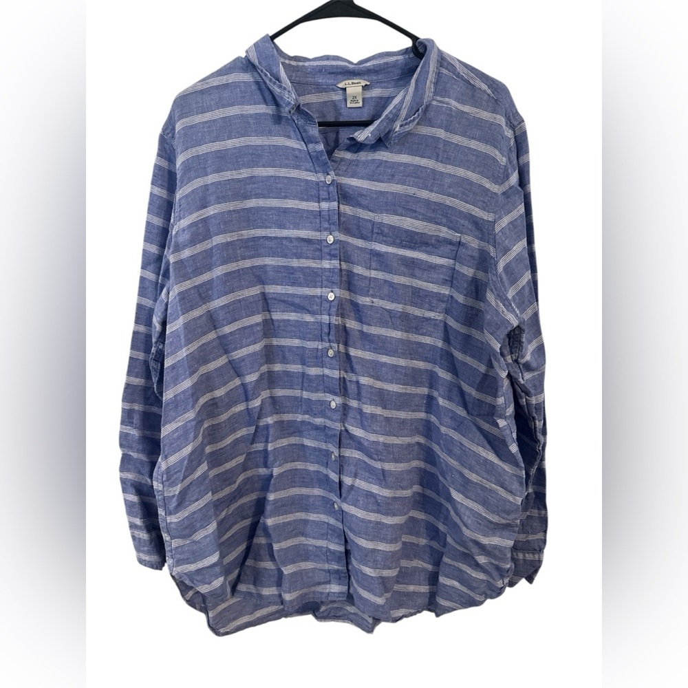 🌿 L.L. Bean Men’s 2X Linen Button-Up Shirt – Blue Striped – Relaxed Fit